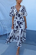 Trixiedress V Neck Puff Sleeves Printed Maxi Flowy Dress