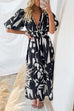 Trixiedress V Neck Puff Sleeves Printed Maxi Flowy Dress