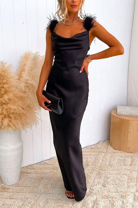 Trixiedress Feather Straps Backless Solid Maxi Party Dress