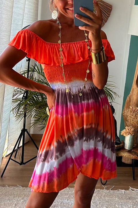 Trixiedress Ruffle Off Shoulder Waisted Tie Dye Mini Swing Dress