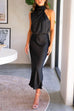 Trixiedress Solid Halter Waisted Irregular Sleeveless Dress