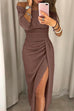 Trixiedress Off Shoulder Ruched Slit Glitter Dress