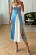 Trixiedress Tie Shoulder Color Block Splice Swing Midi Cami Dress