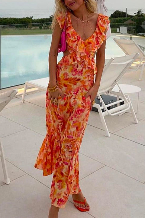 Trixiedress V Neck Cut Out Tie Back Printed Ruffle Maxi Dress