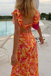 Trixiedress V Neck Cut Out Tie Back Printed Ruffle Maxi Dress