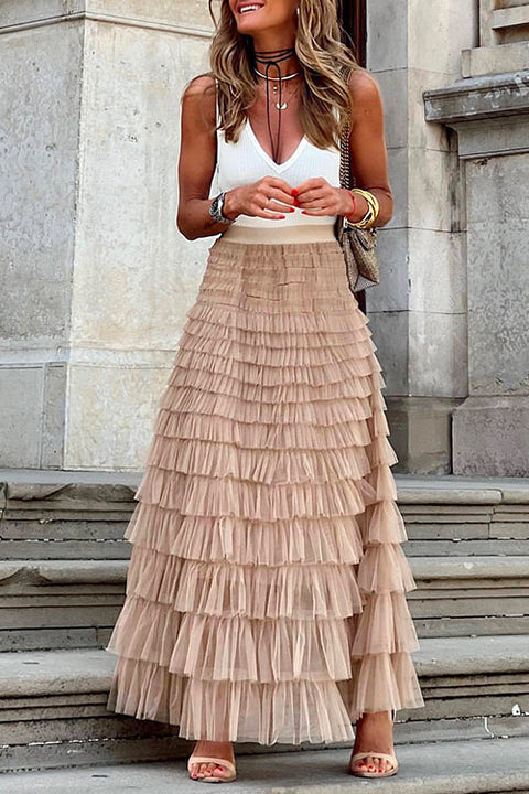 Trixiedress Ruffle Layered Mesh A-line Long Tulle Skirt