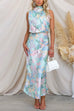Trixiedress Irregular Tie Neck Waisted Floral Printed Maxi Satin Dress