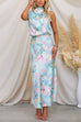 Trixiedress Irregular Tie Neck Waisted Floral Printed Maxi Satin Dress
