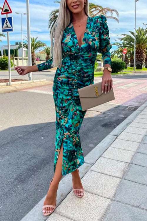 Trixiedress Deep V Neck Long Sleeve Ruched Slit Printed Bodycon Dress