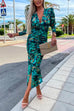 Trixiedress Deep V Neck Long Sleeve Ruched Slit Printed Bodycon Dress