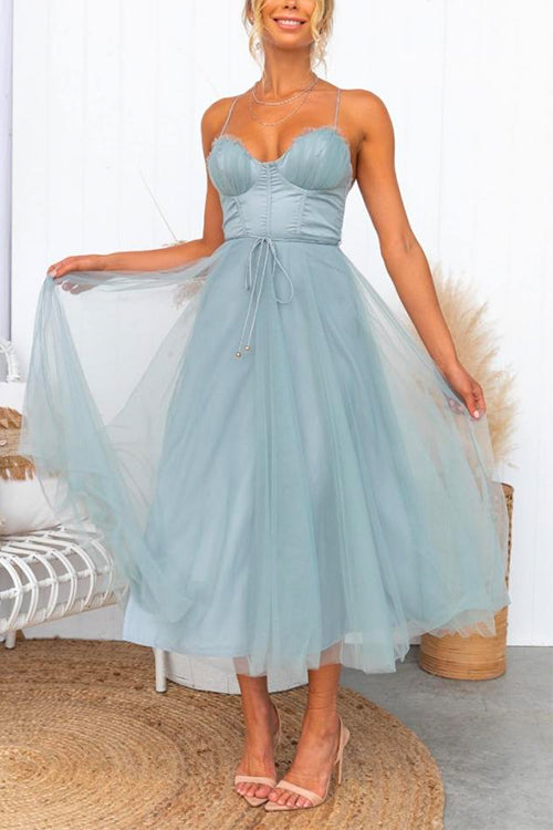 Trixiedress Adjustable Spaghetti Strap Backless Mesh Maxi Party Dress