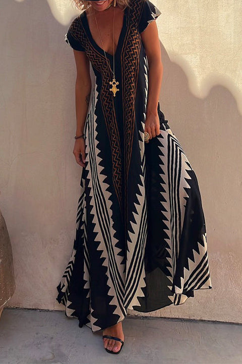 Trixiedress V Neck Short Sleeve Color Block Print Swing Maxi Dress