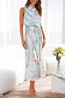 Trixiedress Irregular Tie Neck Waisted Floral Printed Maxi Satin Dress