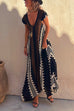 Trixiedress V Neck Short Sleeve Color Block Print Swing Maxi Dress