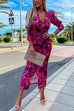 Trixiedress Deep V Neck Long Sleeve Ruched Slit Printed Bodycon Dress