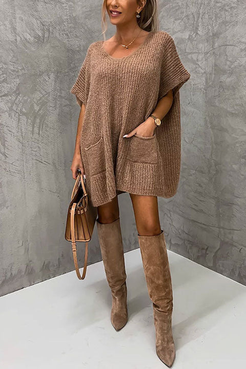 Trixiedress Oversized V Neck Short Sleeves Pocketed Poncho Sweater