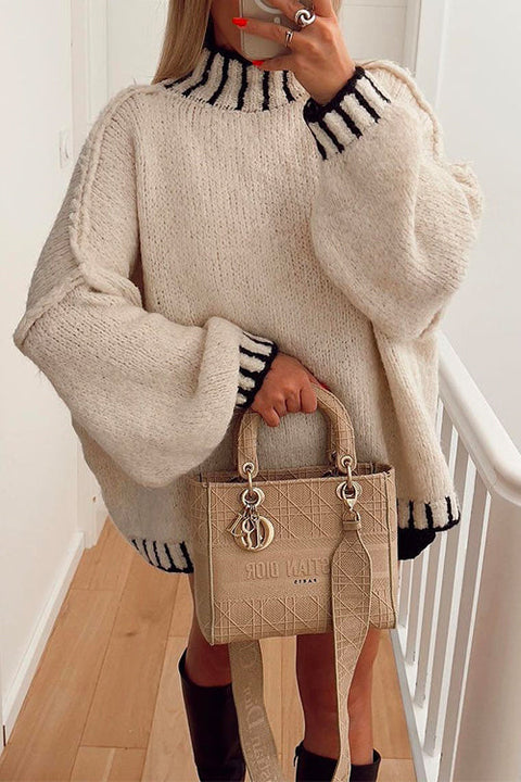 Trixiedress Turtleneck Drop Shoulder Color Block Pullover Sweater
