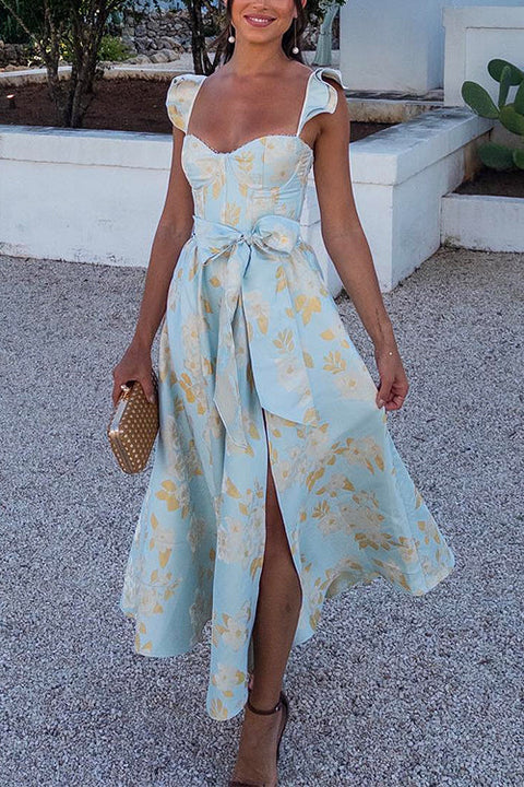 Trixiedress Ruffled Shoulder Bow Knot Waist Slit Printed Vintage Party Dress