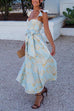 Trixiedress Ruffled Shoulder Bow Knot Waist Slit Printed Vintage Party Dress