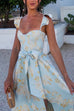 Trixiedress Ruffled Shoulder Bow Knot Waist Slit Printed Vintage Party Dress