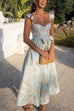 Trixiedress Ruffled Shoulder Bow Knot Waist Slit Printed Vintage Party Dress