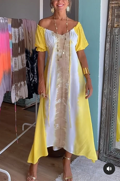 Trixiedress Drawstring Off Shoulder Short Sleeve Tie Dye Maxi A-line Dress