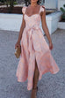 Trixiedress Ruffled Shoulder Bow Knot Waist Slit Printed Vintage Party Dress
