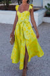 Trixiedress Ruffled Shoulder Bow Knot Waist Slit Printed Vintage Party Dress