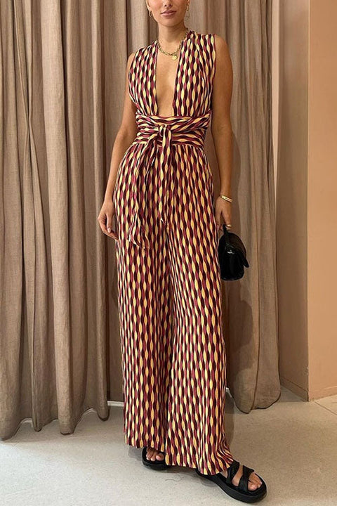Trixiedress Chic Back Criss Cross Knot Waist Wide Leg Printed Jumpsuit