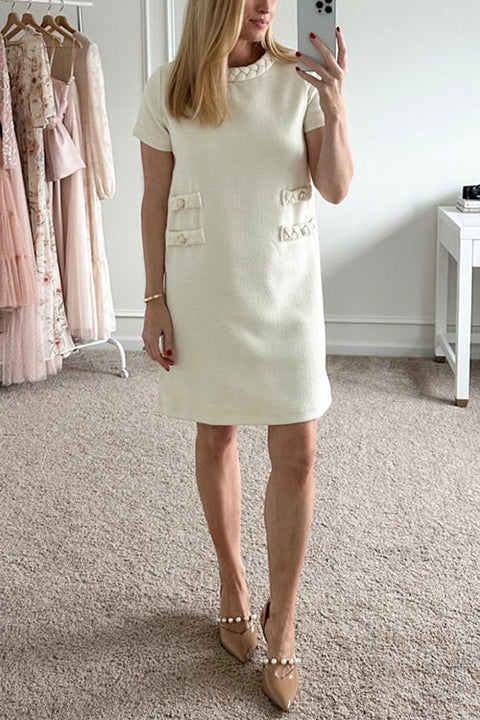 Trixiedress Elegant Crewneck Short Sleeves Buttons Tweed Dress