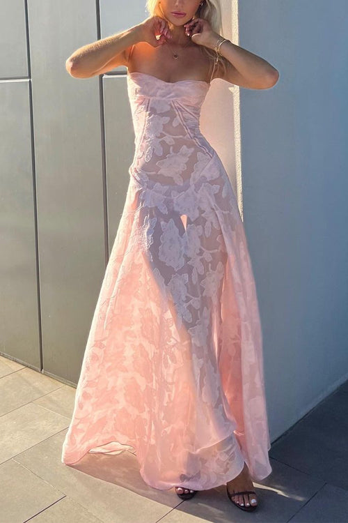 Trixiedress Spaghetti Strap Back Lace-up Applique Flower Lace Maxi Dress