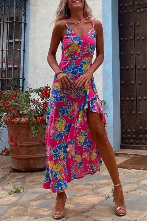 Trixiedress V Neck Irregular Hem Printed Cami Holiday Dress