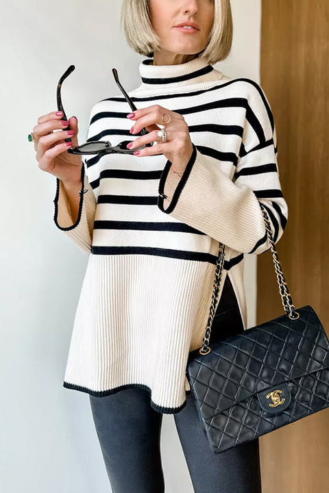 Trixiedress Turtleneck Side Split Striped Sweater